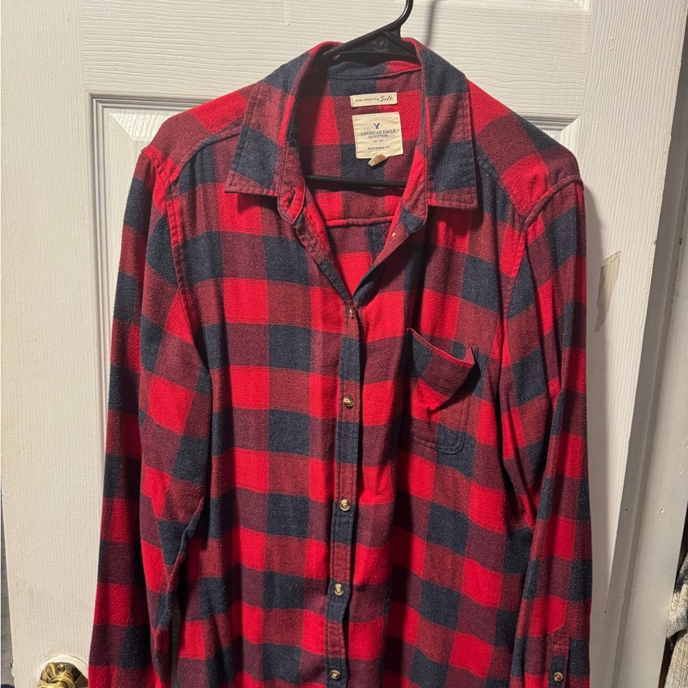 Red and Navy Plaid Button-Up Shirt